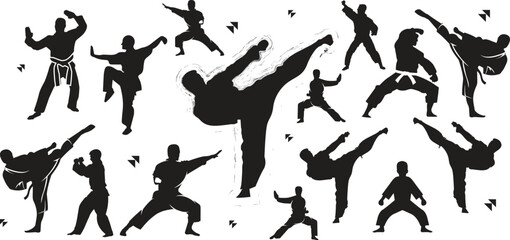 Martial Arts Silhouettes Featuring Karate, Judo, Taekwondo, Aikido, Self-Defense Techniques, Combat Stances, Black Belt Training, Traditional Gi, Powerful Moves