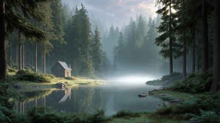 Tranquil Misty Forest Scene with Cabin beside a Serene Lake