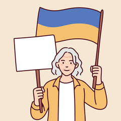 Elderly person joins public protest with blank sign and Ukraine flag. Symbol of active citizenship, freedom and social concern in retirement age. Copy space