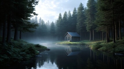 Serene Misty Forest with Cabin Reflected in Calm Water at Dawn