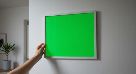 Hand Placing a Square Green Screen Frame on a White Wall