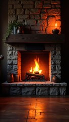 Fototapeta premium Warm, inviting fireplace with glowing embers, ample copy area , light, season, graphic