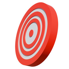 3D red and white bullseye target icon with transparent background, isolated concentric circles symbolizing accuracy, business focus, goal setting, and marketing success