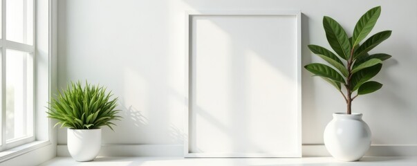 White frame mockup, minimalist botanical decor, frame, flowers
