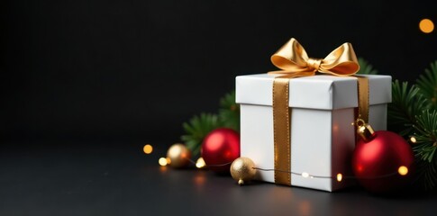 White gift box, gold ribbon, Xmas balls, lights, black background , flat lay, sparkle, festive