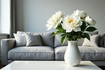 White peonies in vase, gray sofa backdrop Cozy minimalist living room , table, flowers