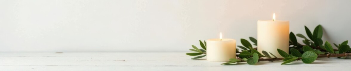 White wall, burning candles, green branches on table , interior, serenity, design