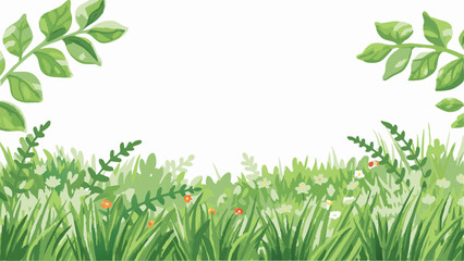 Fototapeta premium Watercolor illustration of a lush green meadow with leaves and flowers framing a blank canvas area