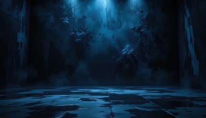 Mysterious, dimly lit interior space with snowy trees.