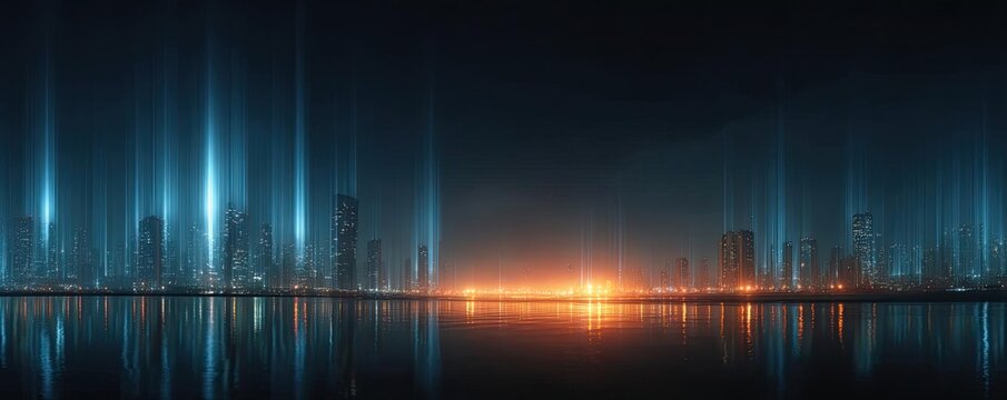 Steady returns through profitable system and passive project concept. Futuristic skyline at night with glowing lights and reflections.