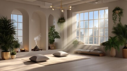 Serene Indoor Space with Natural Light and Greenery Elements