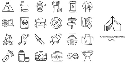 Camping simple New concept 24 hand drawn icons set .Vector illustration.