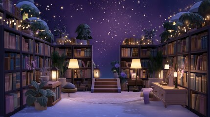 Cozy Winter Reading Nook with Bookshelves and Magical Atmosphere