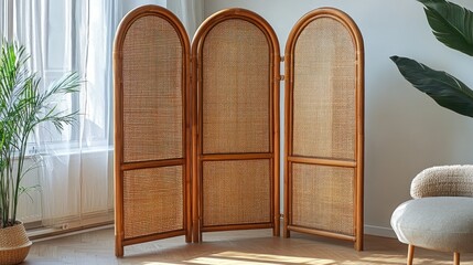 Light-brown, arched, woven room divider