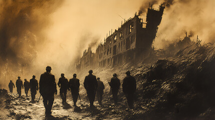 Monochromatic illustration of a war torn city with displaced figures walking through rubble symbolizing conflict destruction human resilience historical trauma and post apocalyptic survival