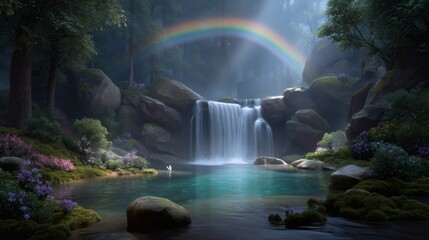 Serene Waterfall with Rainbow in Lush Green Forest Setting