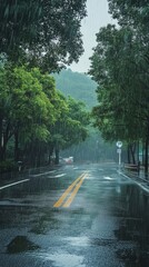 Rain-soaked road flanked by lush green trees on a misty day