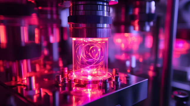 Advanced scientific equipment with glowing red components and intricate machinery