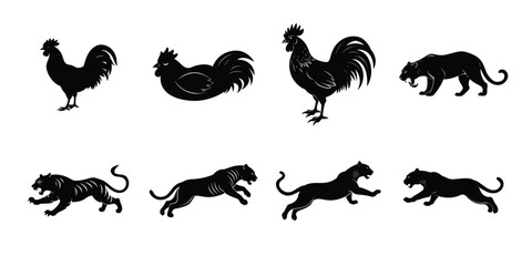  Silhouette Vector Set of Roosters and Wild Cats in Motion 