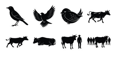 Silhouette Vector Set of Farm Animals cow and Birds