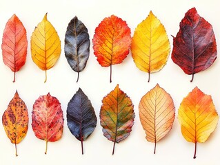 Obraz premium Autumn leaves arranged in two rows, showcasing a vibrant spectrum of colors from yellow to deep red and brown
