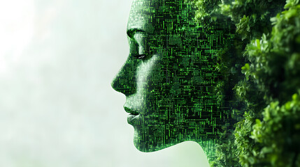 Profile of a human face merging with digital code and greenery, symbolizing the intersection of nature and technology.