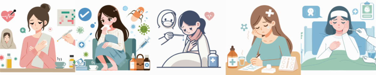 vector image of a woman who is sick, flat design on a white background, simple and nice
