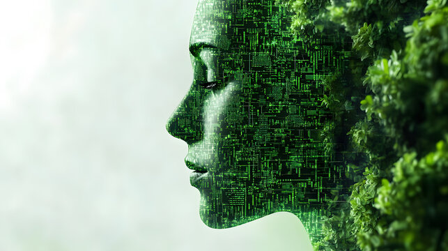 Profile of a human face merging with digital code and greenery, symbolizing the intersection of nature and technology.