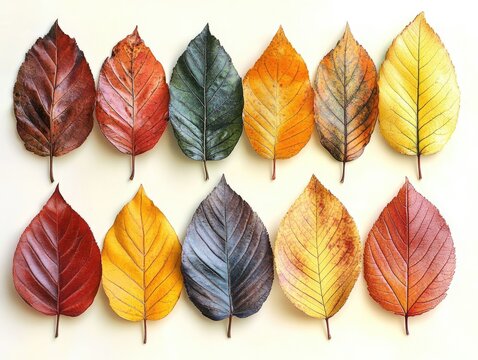 A vibrant collection of twelve autumn leaves, showcasing a spectrum of fall colors arranged in two rows
