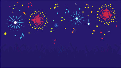 Illustration of fireworks and music notes scattered on a dark blue background design vector art