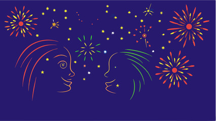 Naklejka premium Two stylized faces watching fireworks with stars on a dark blue background in a whimsical style
