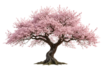 Blooming pink cherry tree,  large roots