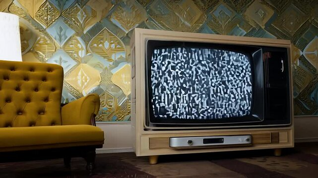vintage video yellow TV set beside retro decor armchair lamp old style living room captured nostalgic 4K media tory es