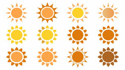 Collection of twelve sun icons in shades of yellow and orange arranged in a grid pattern design