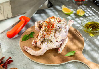 Large fresh raw local rooster, marinated and ready for cooking.