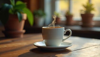 Obraz premium Steaming coffee in ceramic mug on wooden desk, rustic, table, interior