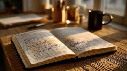 Obraz premium Investment risk profile with budgeting for beginners concept. An open notebook with colorful graphs and a coffee cup nearby.