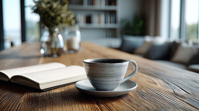 Expense record book for net worth calculation concept. A cozy table setting with a cup of coffee and an open book.