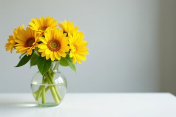 Fototapeta premium Sunflowers burst from a clear glass vase, atop a pristine white table , tall sunflowers, image