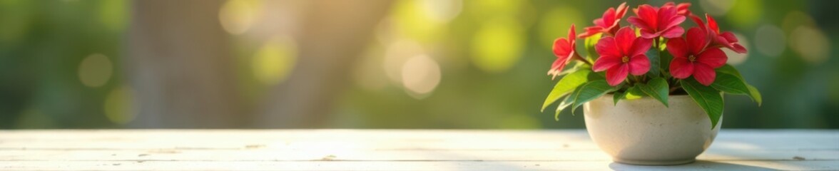 Sunlit impatiens in ceramic pot on white wood , colorful, background, copy space