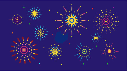 Illustration of various colorful starbursts and dots scattered across a dark blue background art