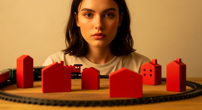 Woman with Miniature Houses and Toy Train