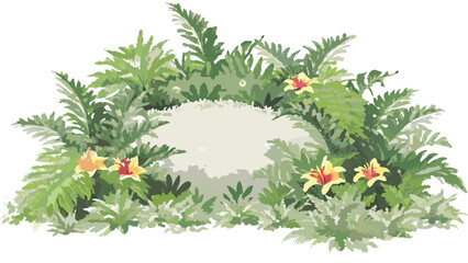 Illustration of a lush garden bed with ferns and lilies surrounding a light colored empty space area