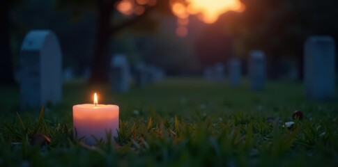 Two candles cast soft light on simple grave markers in dusk , dusk, light, markers