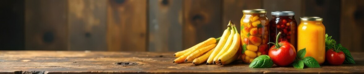 Variety of canned products on wooden surface, copy space , food styling, closeup