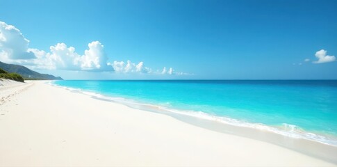 Fototapeta premium Vast expanse of white sand, clear blue sea, unblemished vista, panorama, beautiful, sea