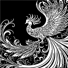 Phoenix fractal background, black and white vector