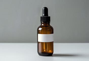Fototapeta premium Amber glass dropper bottle with a blank white label on a minimalist grey background, ideal for cosmetic mockups.