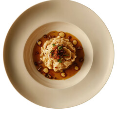 Creamy dumpling with spicy chili oil and herb garnish