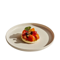 Gourmet appetizer with tomato olive and microgreen on creamy bread